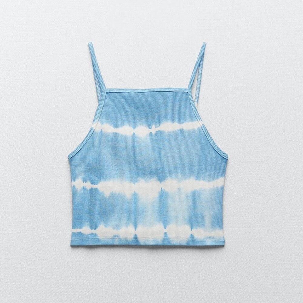 Zara Tie-Dye Blue Ribbed Crop Tank Lounge Casual Top Womens L